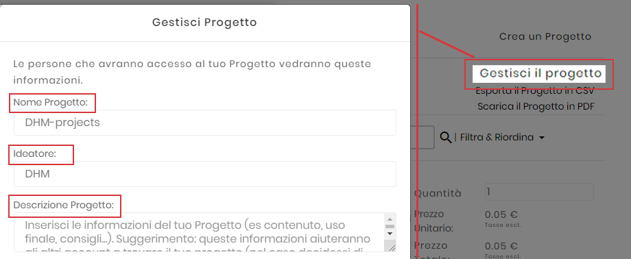 Gestire i dati attraverso la voce "Gestisci il Progetto"